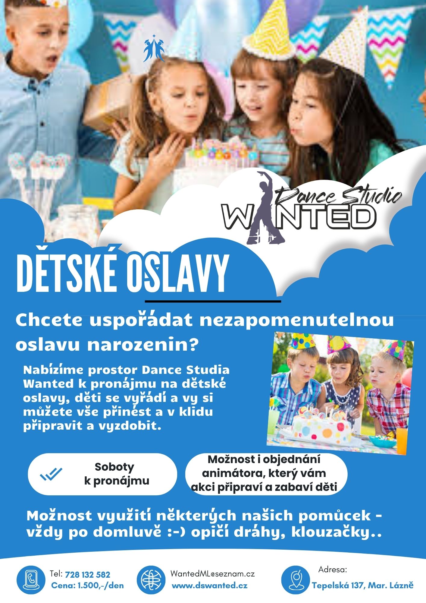 Plakát: Dětské oslavy a pronájem studia